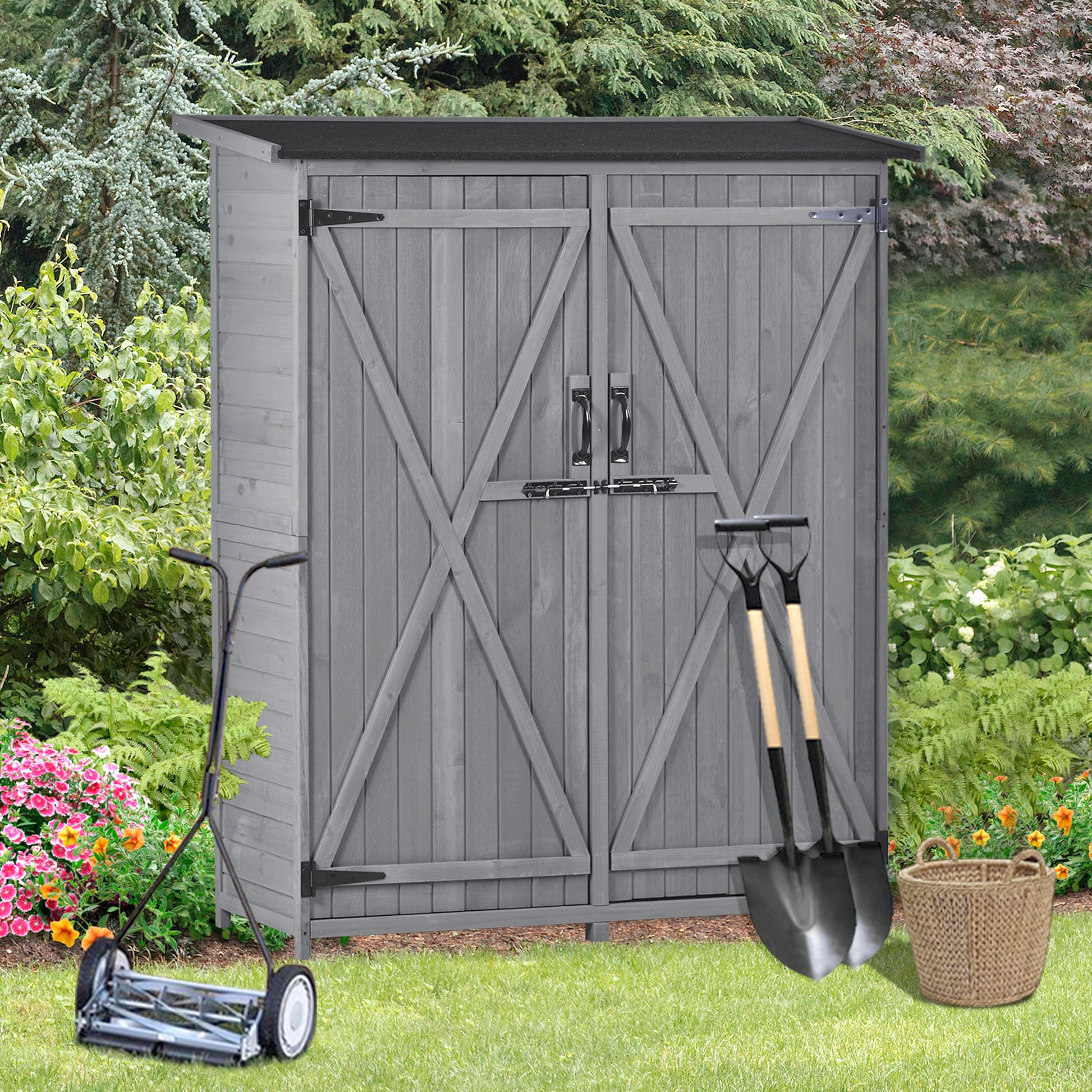Outdoor 5.3ft Hx4.6ft L Wood Storage Shed Tool Organizer,Garden Shed, Storage Cabinet with Waterproof Asphalt Roof Gray - LaTezza Online Shop