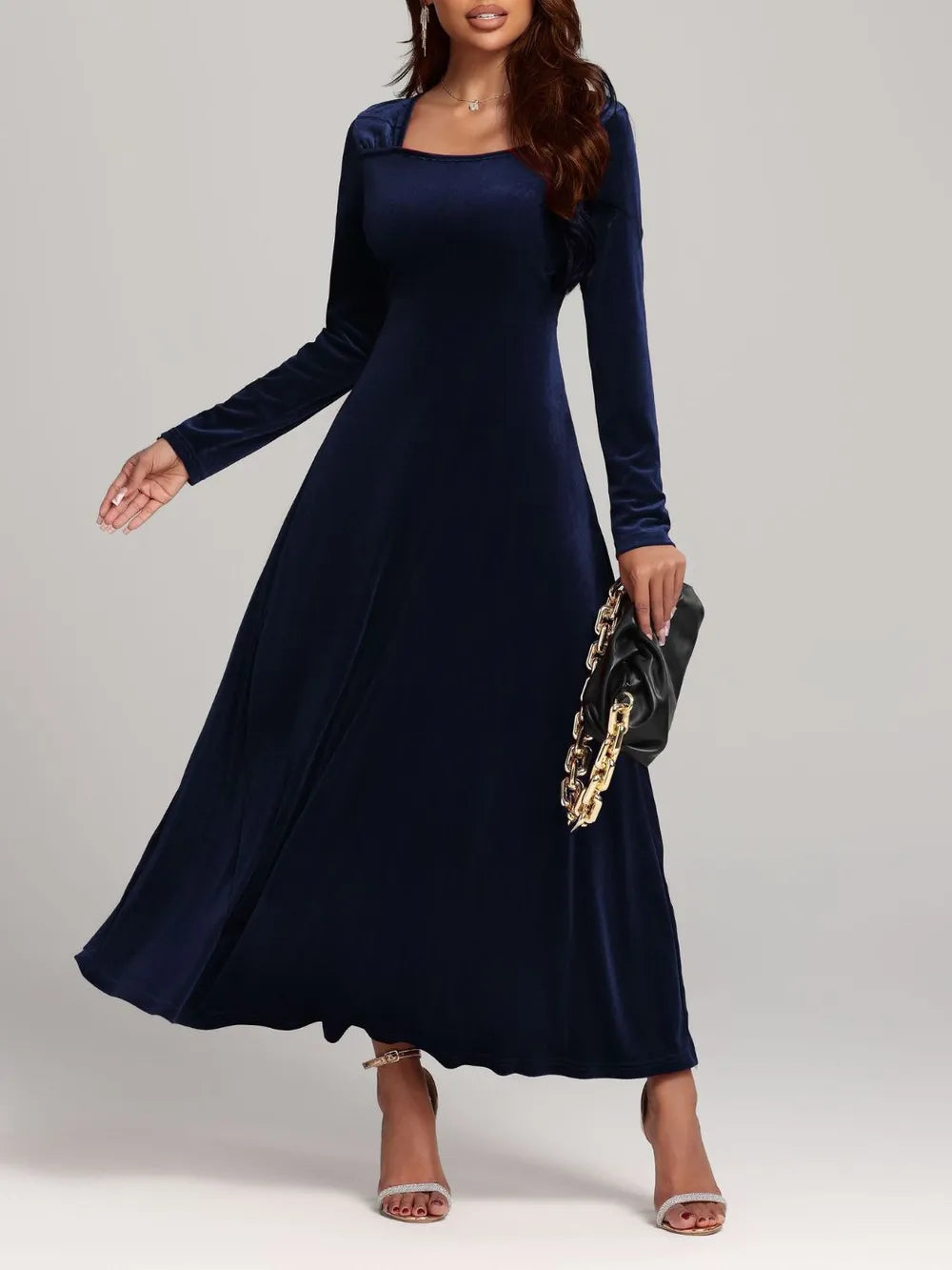 Square Neck Long Sleeve Velvet Dress - LaTezza Online Shop
