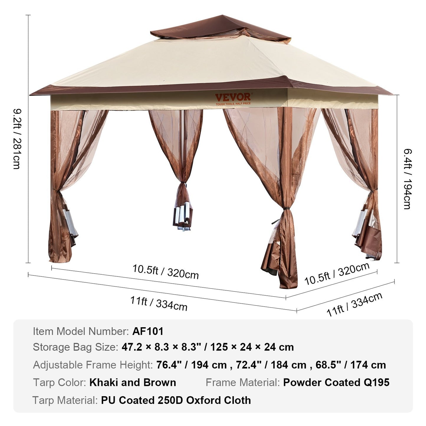 VEVOR Patio Gazebo, 11 X 11 FT Pop Up Gazebo For 8-10 Person, With Mosquito Netting, Metal Frame, And PU Coated 250D Oxford Cloth, Outdoor Canopy Shelter For Patio, Backyard, Lawn, Garden, De - LaTezza Online Shop