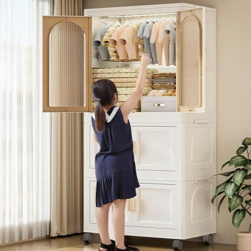 Side Wide Folding Wardrobe With Magnetic Door Plastic Storage Cabinet With Wheels  One Layer Of Wardrobe X  Two Layers Of Folding BoxesX 10 Hangers - LaTezza Online Shop