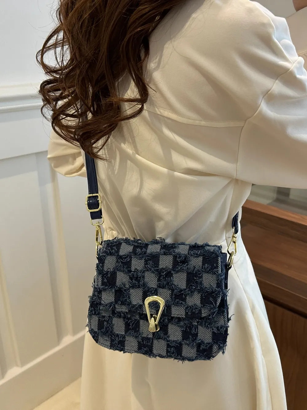Checkered Raw Hem Adjustable Strap Crossbody Bag - LaTezza Online Shop