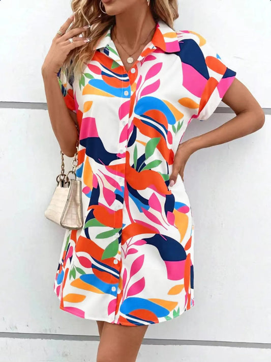Printed Button Down Short Sleeve Dress