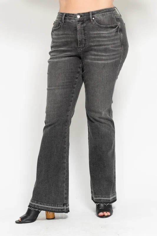 Judy Blue Full Size Mid Rise Tummy Control Washed Gray Release Hem Flare Jeans Plus Size - LaTezza Online Shop