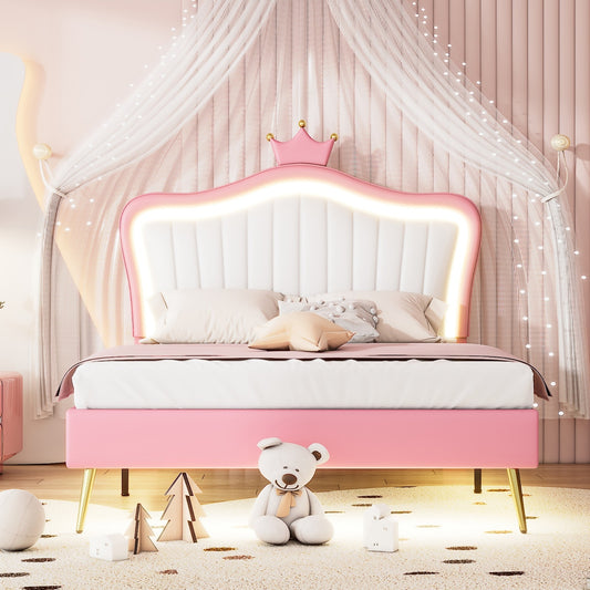 Full Size Upholstered Bed Frame With LED Lights & Crown Headboard - LaTezza Online Shop
