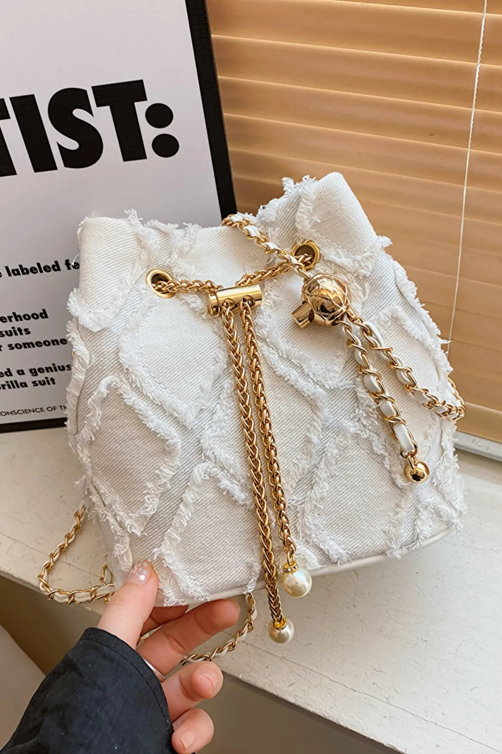 Chain Drawstring Raw Edge Denim Bucket Bag - LaTezza Online Shop