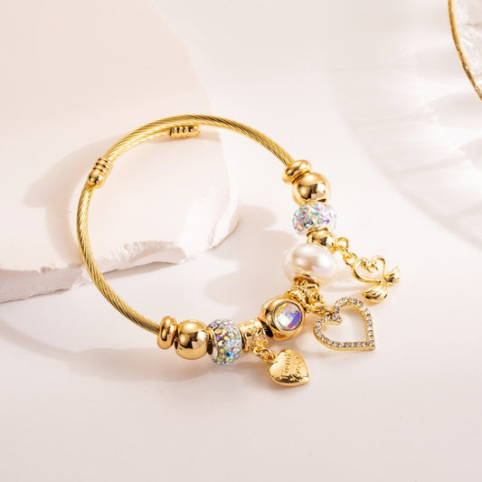 Stainless Steel Bracelet with Diamond Crystal Heart Pendant Charm Bracelet - LaTezza Online Shop