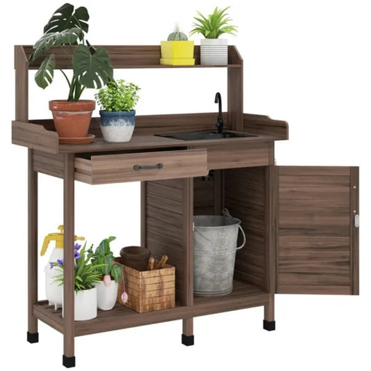 Dark Brown Outdoor Potting Bench With Storage Cabinet, Sink And Faucet