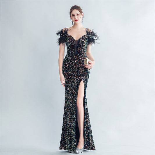 Evening gown ostrich feather tie rope corset sequined mermaid shaped - LaTezza Online Shop