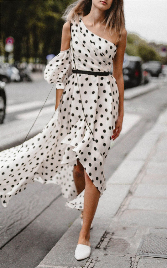 Vacation Style Single Shoulder Sleeve Slash Neck Polka Dot Goddess Chiffon Irregular Dresses Long Dress - LaTezza Online Shop