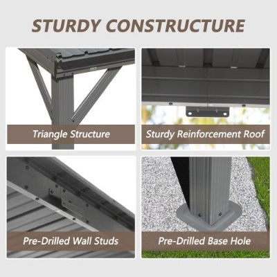 8x 8 Lean To Gazebo With Upgraded Drainage System Wall Mounted Hardtop Galvanized Steel Sloping Roof Gray
