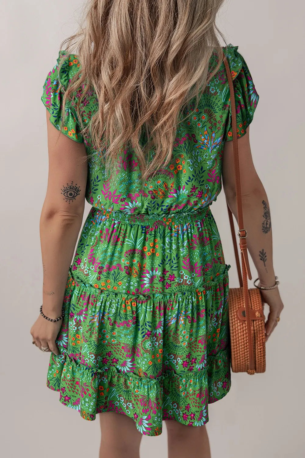 Short Dress Floral Tie Split Neck Frilly Ruffle Trim Tiered - LaTezza Online Shop