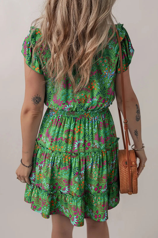 Short Dress Floral Tie Split Neck Frilly Ruffle Trim Tiered - LaTezza Online Shop