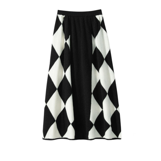 Women's half length skirt with elastic high waisted diamond checkerboard color matching A-line skirt short skirt - LaTezza Online Shop
