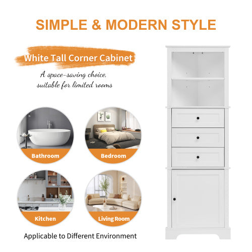 White Triangular Tall Cabinet With 3 Drawers And Adjustable Shelves - LaTezza Online Shop