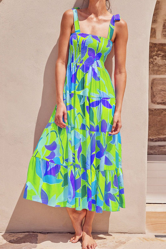 Floral Tie-Shoulder Smocked Midi Dress - LaTezza Online Shop