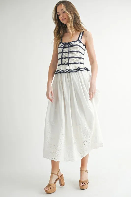 MABLE Crochet Stripe Knit Eyelet Mix Midi Dress - LaTezza Online Shop