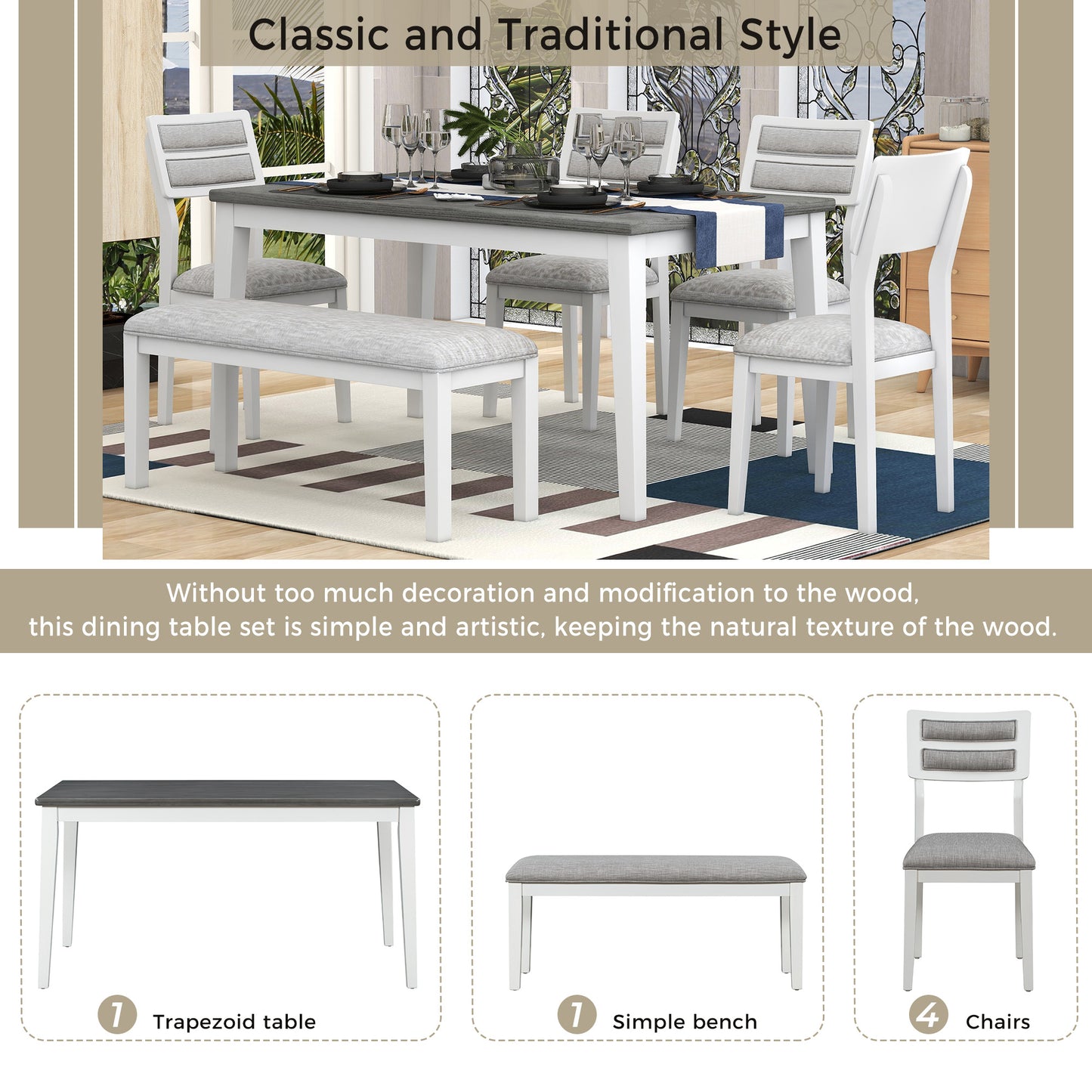 TREXM Classic and Traditional Style 6 - Piece Dining Set, Includes Dining Table  4 Upholstered Chairs & Bench (White+Gray) - LaTezza Online Shop