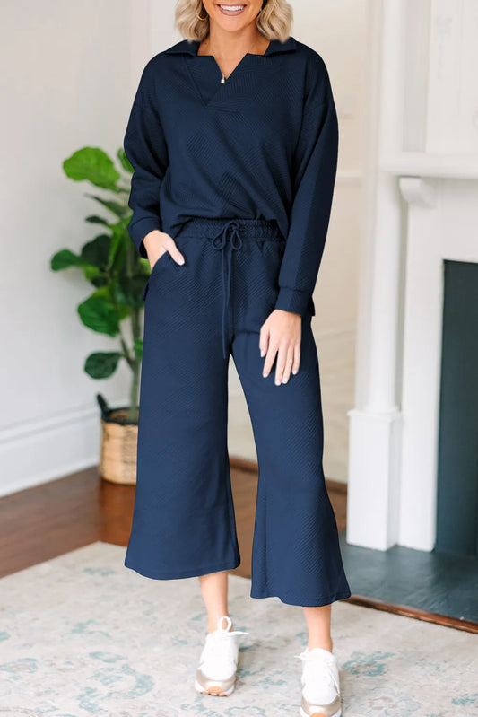 Textured Collared Neck Top and Wide Leg Pants Set - LaTezza Online Shop