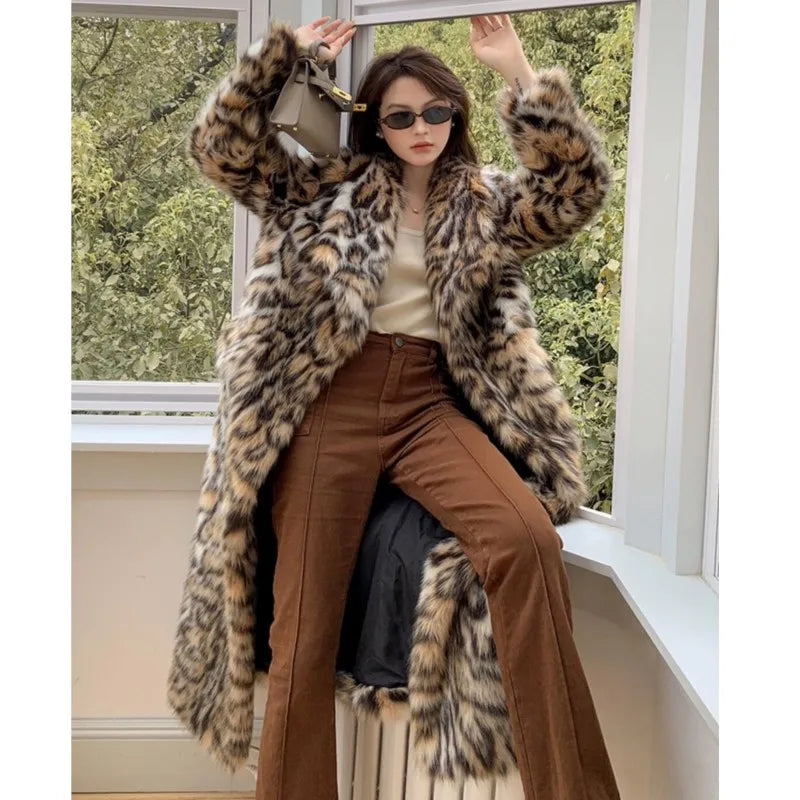 High quality Winter Animal Leopard Faux Fur Extra Long Coat Full Sleeve Loose War Jacket Loose Outerwear - LaTezza Online Shop