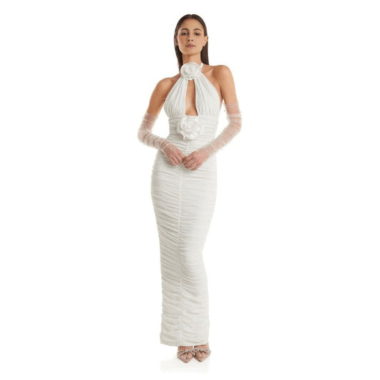 White Halter backless tight fitting flower accent bandage wrapped long dress - LaTezza Online Shop