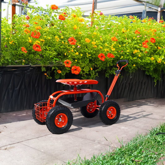 Garden cart rolling scooter, adjustable height with 4 wheels and extendable handle with 360 degree seat and tool tray (red) - LaTezza Online Shop