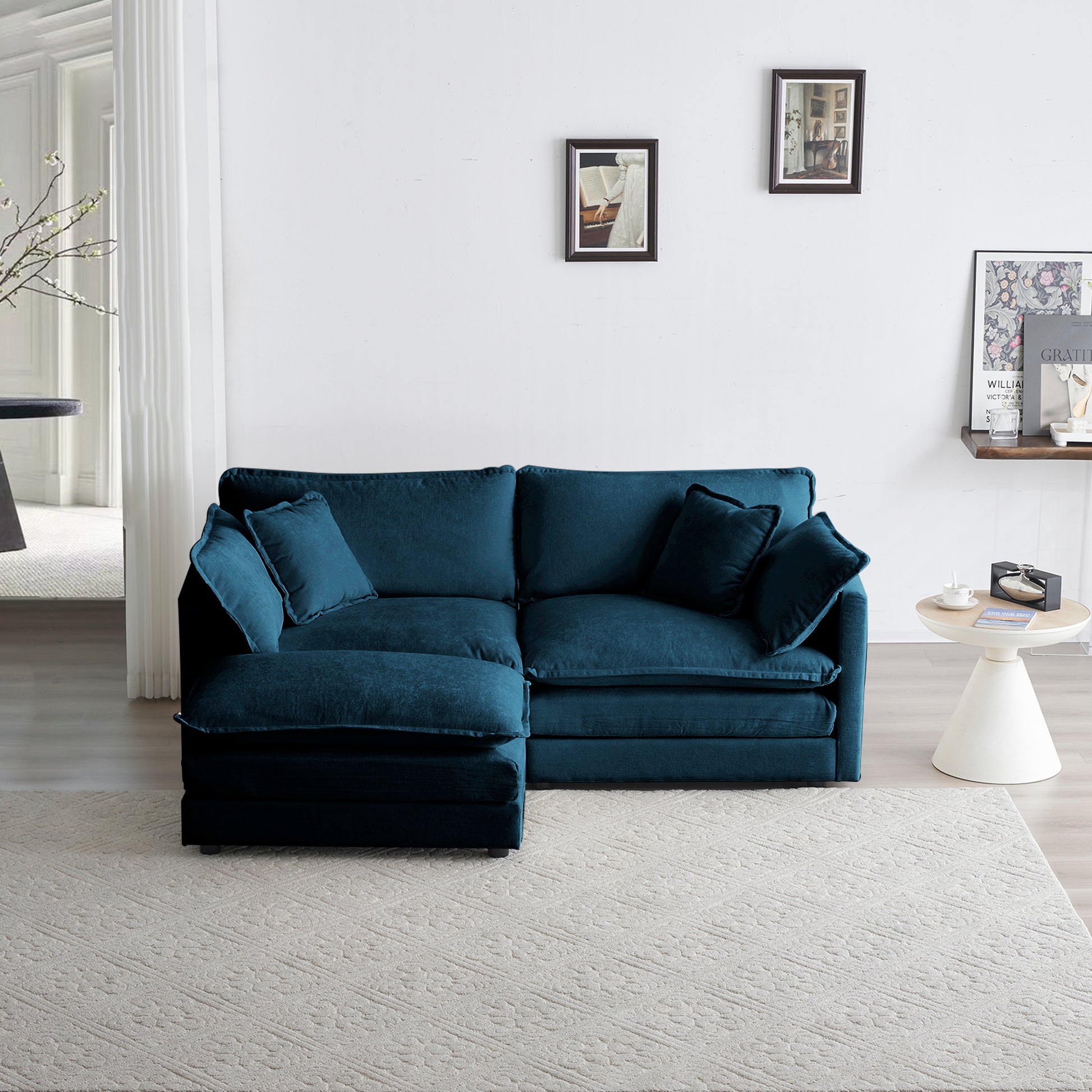 Chenille double sofa with 1 foot pedal, 2 seats L-shaped section, Ottoman style blue Chenille - LaTezza Online Shop