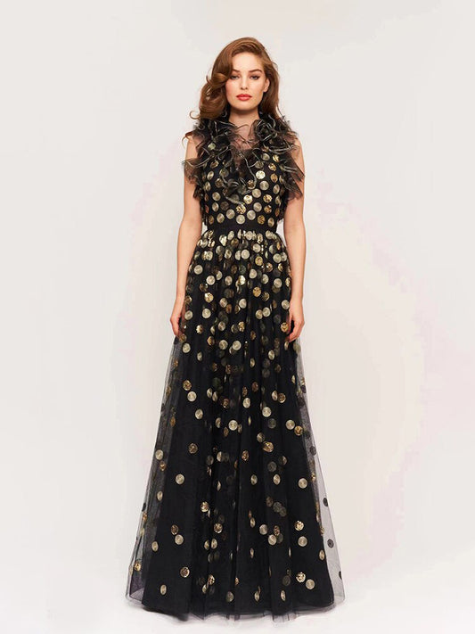 Backless Black Evening Dress Women Neck Sleeveless Ruffles Sequins Dress Summer New Trendy - LaTezza Online Shop