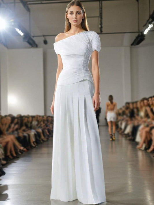 European and American style two-piece set, new one shoulder slim fit top+high waisted pleated casual pants set for women - LaTezza Online Shop