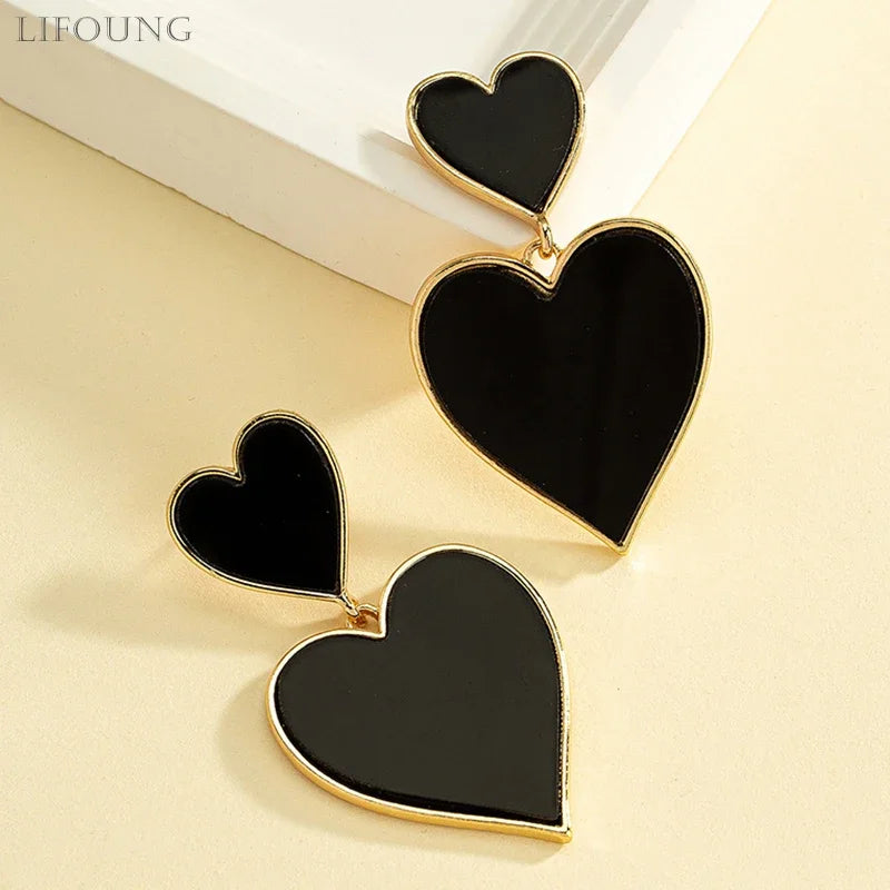 Black Resin Large Metal Heart Dangle Post Earrings For Women Heavy Statement Fashion Jewelry Love Party Accessories - LaTezza Online Shop