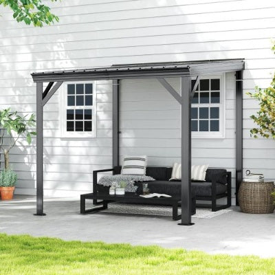 8x 8 Lean To Gazebo With Upgraded Drainage System Wall Mounted Hardtop Galvanized Steel Sloping Roof Gray