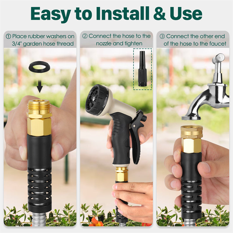 Metal Garden Hose Stainless Steel Flexible With 10 Adjustable Patterns Spray Heavy Duty 2 Nozzles