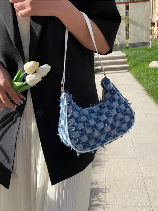 Checkered Raw Hem Shoulder Bag - LaTezza Online Shop