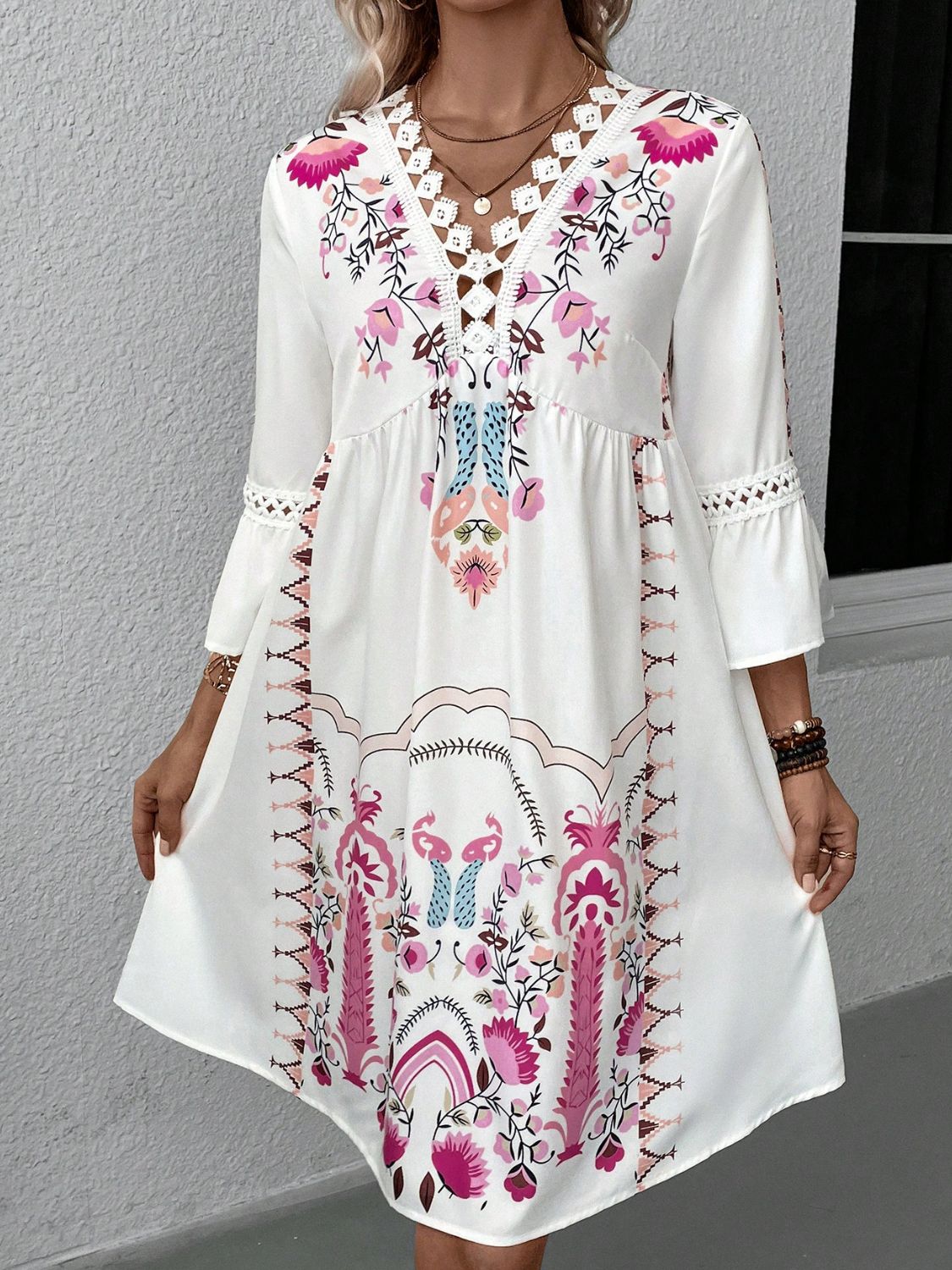 Summer Dress Lace Detail Printed Three-Quarter Sleeve Dress - LaTezza Online Shop
