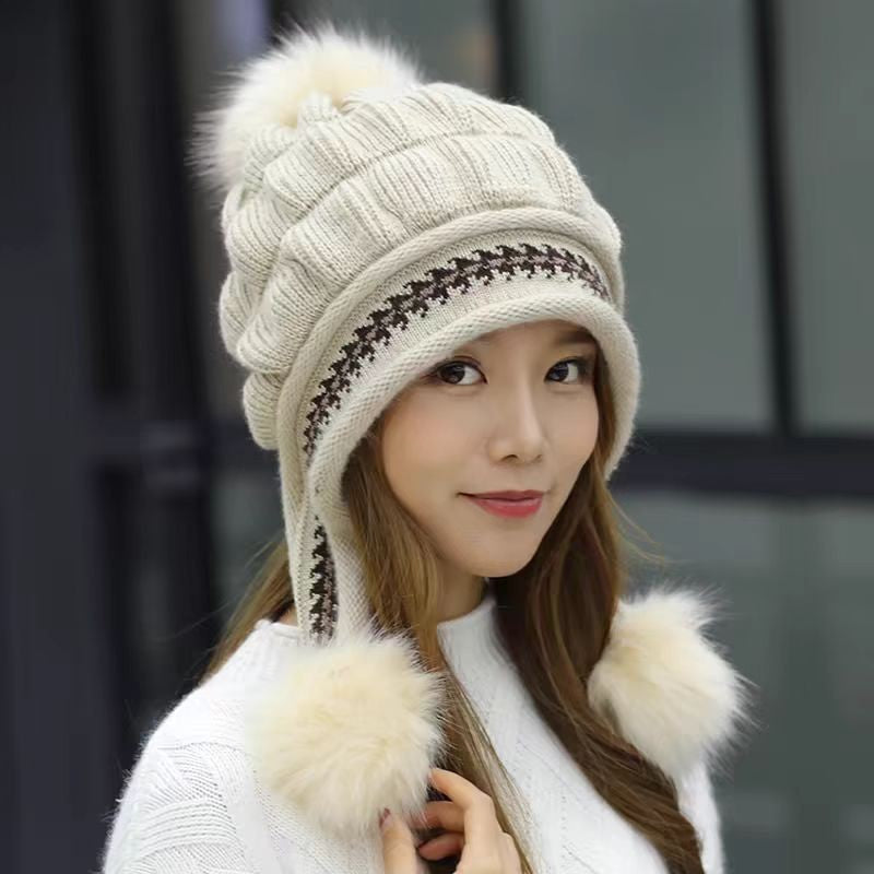 Knit Fleece-Feel Beanie With Ear Flaps & Pompom Warm Winter Hat For Women - LaTezza Online Shop