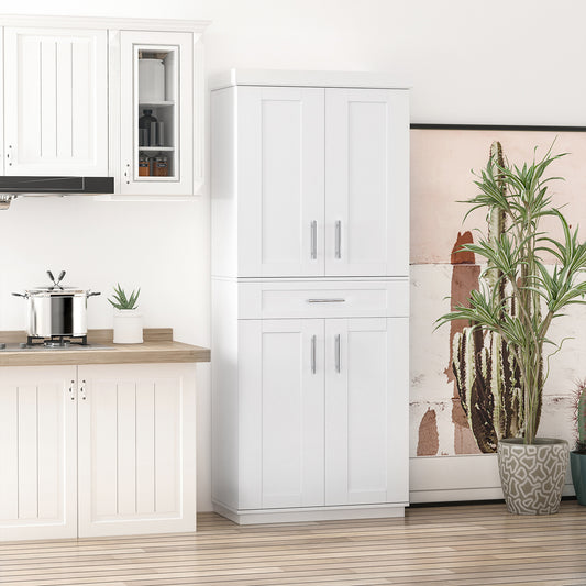 Kitchen Pantry Cabinet 4 Doors, Drawer And 3 Adjustable Shelves For Dining Room, White