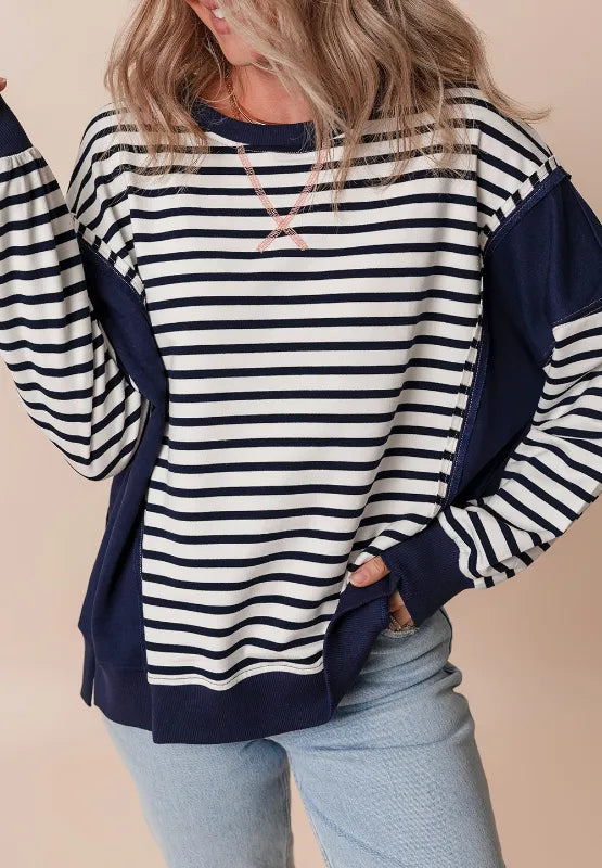 Exposed Seam Striped Long Sleeve Sweatshirt - LaTezza Online Shop
