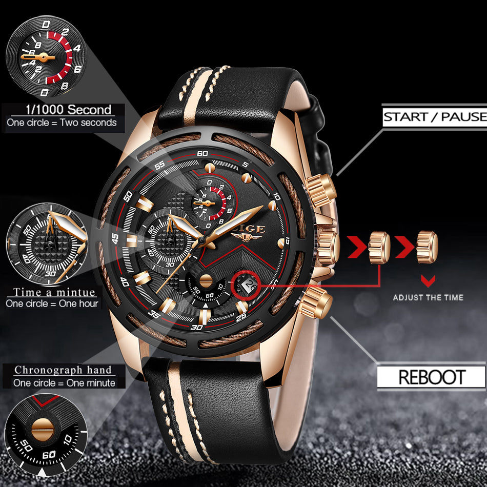 LIGE Watch Men Sport Quartz Clock Leather Mens Watches Top Brand Luxury Gold Waterproof - LaTezza Online Shop