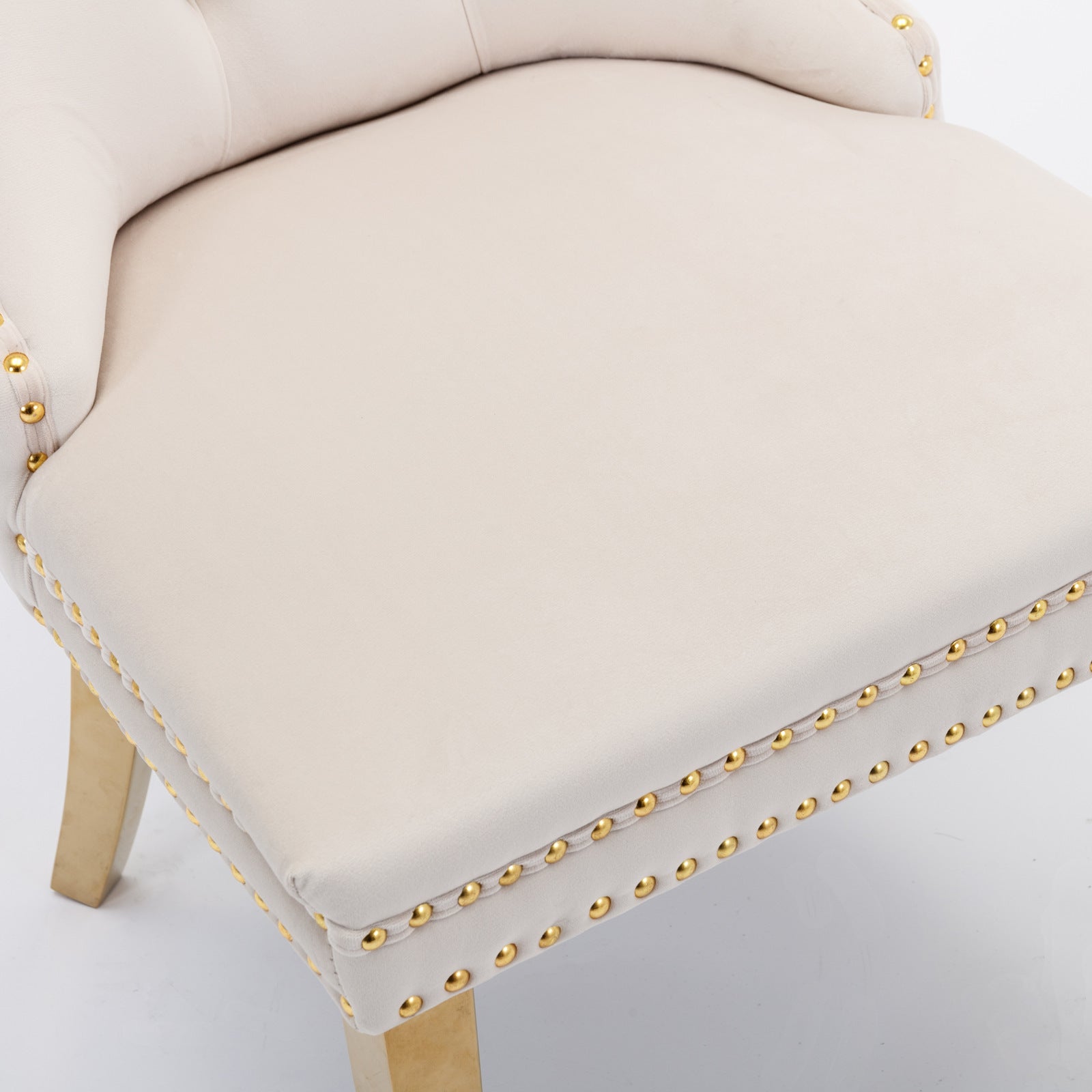 Tufted solid wood velvet soft cushion dining chair gold stainless steel plated leg nail head set of 2 pieces beige and gold - LaTezza Online Shop