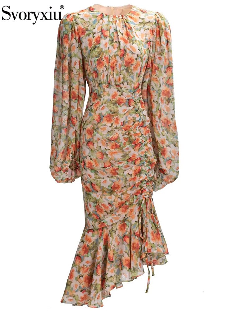  Women's Lantern Sleeve Print High Waist Slim Midi Mermaid Dress