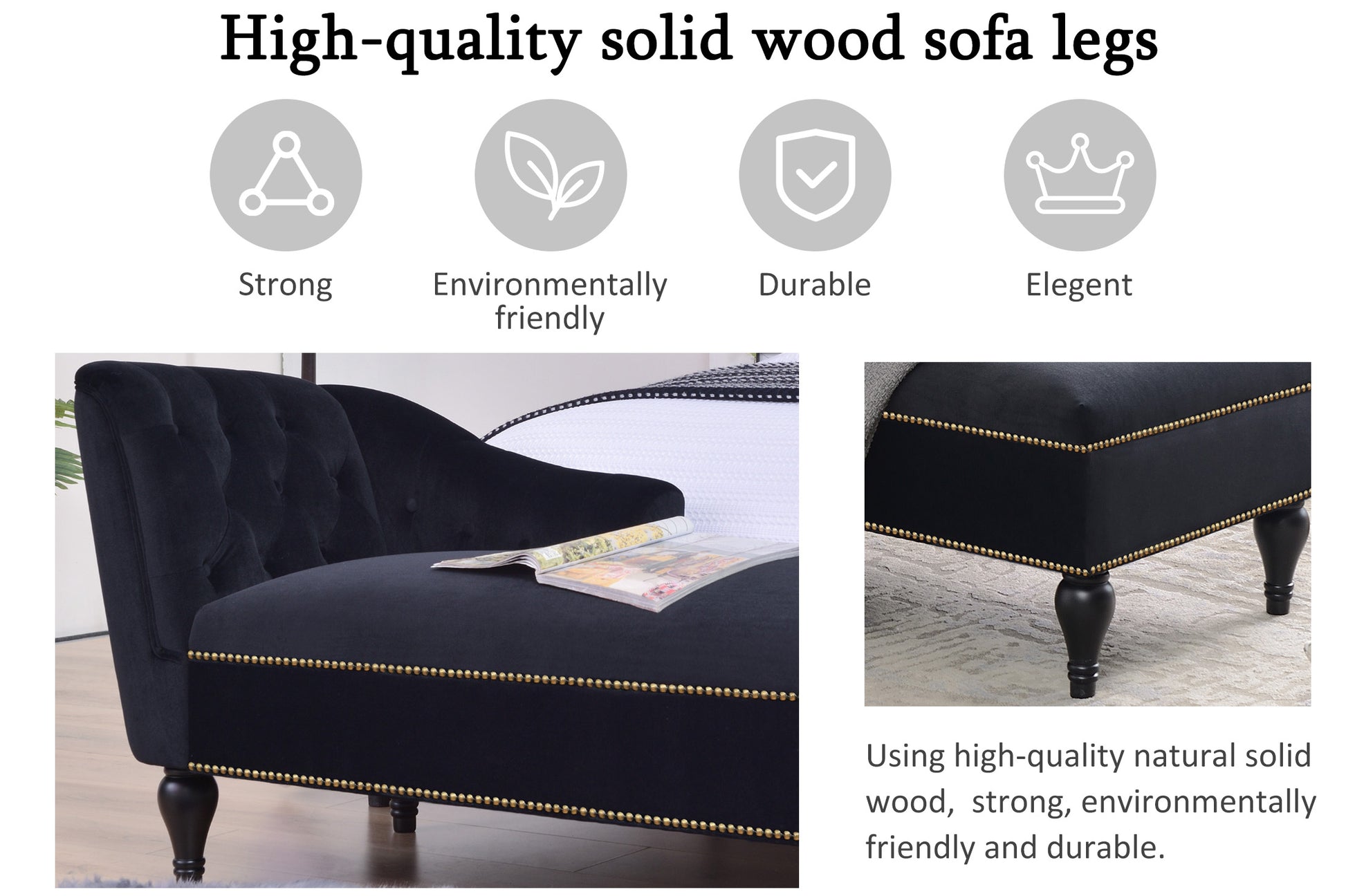 58 inch velvet lounge chair, button cluster right arm lounge chair with nail head decoration and solid wood legs - LaTezza Online Shop
