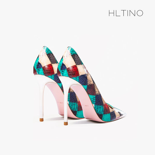 Pumps Red Plaid Snake Pattern Pointed Toe High Heel Shoes Women's Thin Heels Sexy French Large Lacquer Shoes - LaTezza Online Shop