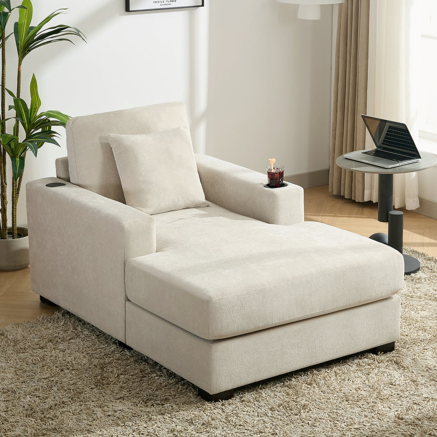 39.7" Oversized Chaise Lounger Modern Style Sofa Couch ,with Pillows, Charge Station & Cup Holders, Chenille Fabric, Cream - LaTezza Online Shop