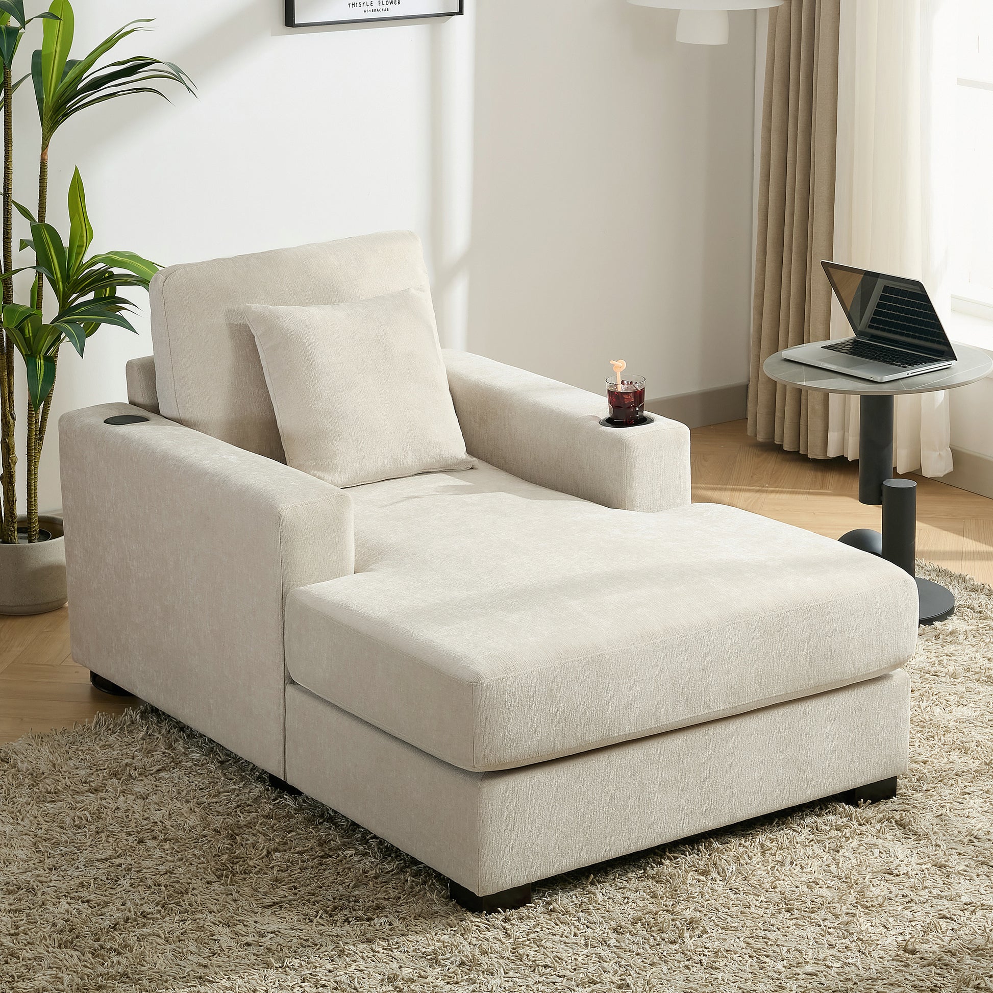39.7" Oversized Chaise Lounger Modern Style Sofa Couch ,with Pillows, Charge Station & Cup Holders, Chenille Fabric, Cream - LaTezza Online Shop