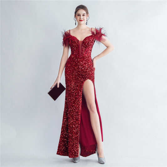 Evening gown ostrich feather tie rope corset sequined mermaid shaped - LaTezza Online Shop