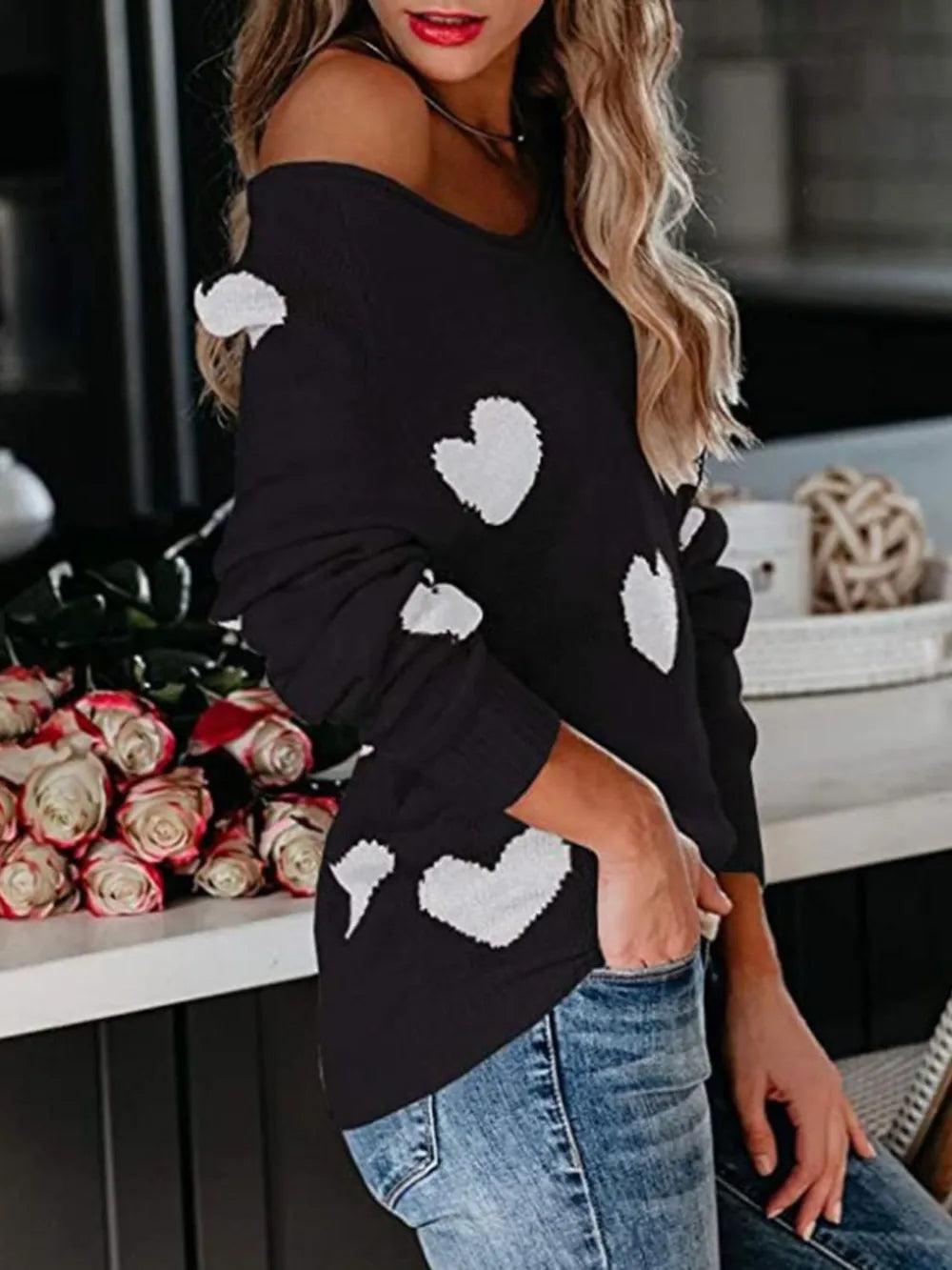 Heart Scoop Neck Long Sleeve Sweater - LaTezza Online Shop