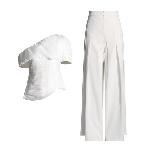 European and American style two-piece set, new one shoulder slim fit top+high waisted pleated casual pants set for women - LaTezza Online Shop