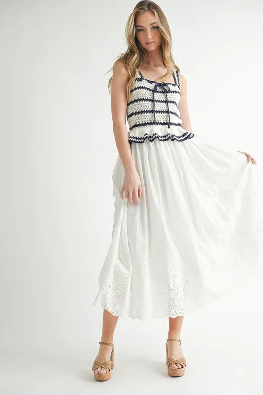 MABLE Crochet Stripe Knit Eyelet Mix Midi Dress - LaTezza Online Shop