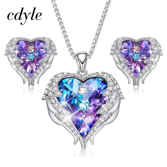 Cdyle Crystals from Swarovski Angel Wings Necklaces Earrings Purple Blue Crystal Heart Pendant Jewelry Set For Women Love Gifts - LaTezza Online Shop