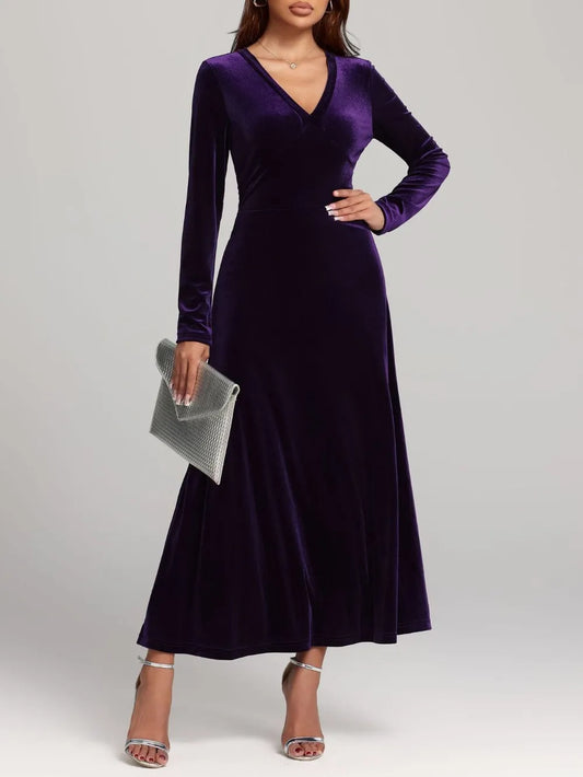 V-Neck Long Sleeve Velvet Dress - LaTezza Online Shop