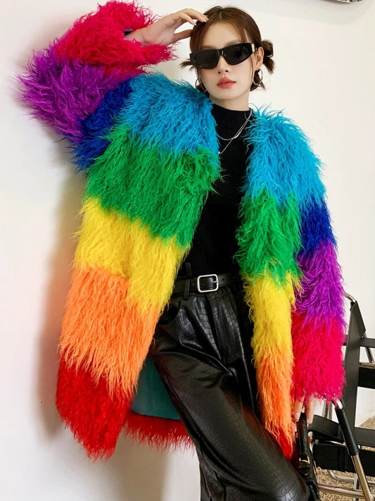Rainbow Winter Faux Fur Coat Loose Splicing Contrast Color Long Jacket Shaggy Outerwear